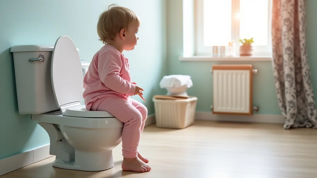 The image shows a toddler sitting on a potty chair, ready to learn from the guide.
